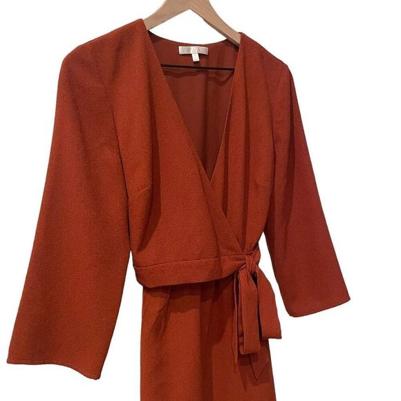 WAYF Burnt Orange Mini Wrap Dress Size Small Boho Chic, V-Neck, Long 3/4 Sleeve - Picture 3 of 9